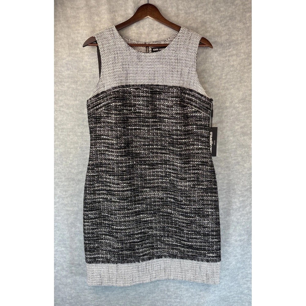 Karl Lagerfeld Tweed Dress 10‎ Sheath Silver Gray Black Sleeveless Classic NWT